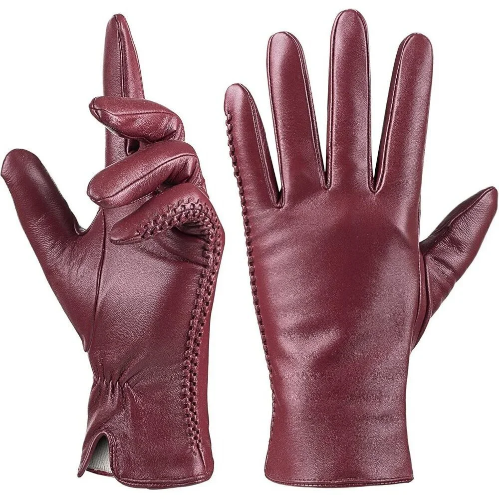 Women's Genuine Sheepskin Leather Gloves Winter Warm  Driving Dress Gloves Red
